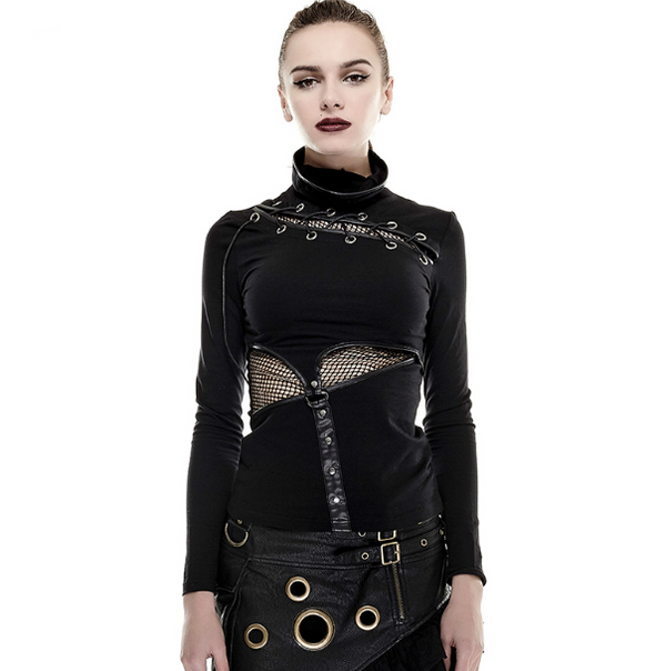 Camiseta Steampunk de Manga Larga con Cuello de Red Bicolor T432