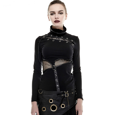 Camiseta Steampunk de Manga Larga con Cuello de Red Bicolor T432