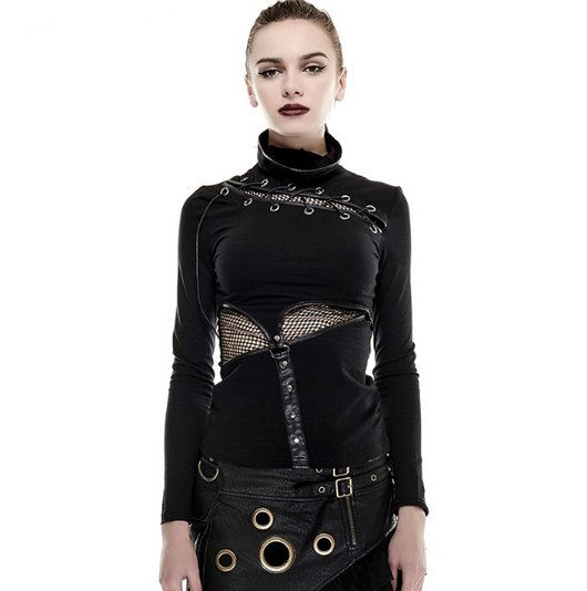 Camiseta Steampunk de Manga Larga con Cuello de Red Bicolor T432