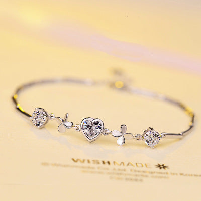 Pulsera de Plata S925 Festival Qixi - Corazón y Trébol para San Valentín
