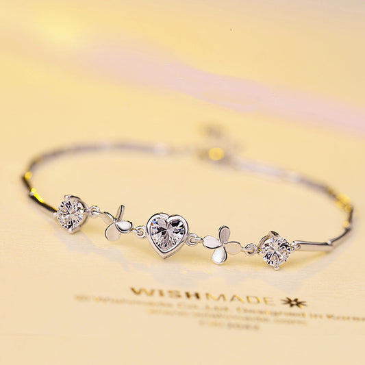 Pulsera de Plata S925 Festival Qixi - Corazón y Trébol para San Valentín - Image 2