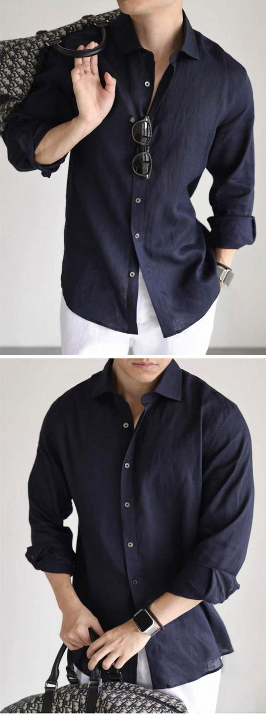 Camisa Casual Business Mezcla Algodón Lino Teñida en Hilo Colores Sólidos - Image 12