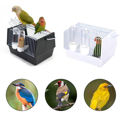 Black and white portable bird cage with two birds perched on top, featuring water and seed feeders. - Image 2