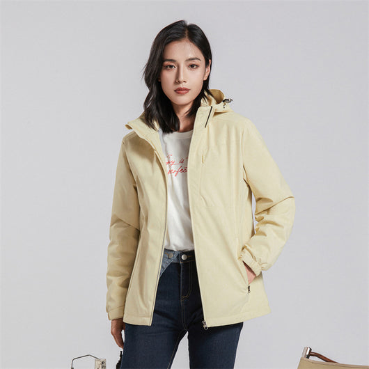 Lavender windproof sports jacket with a hood, full zipper, and fleece lining, shown on a hanger. - Image 3