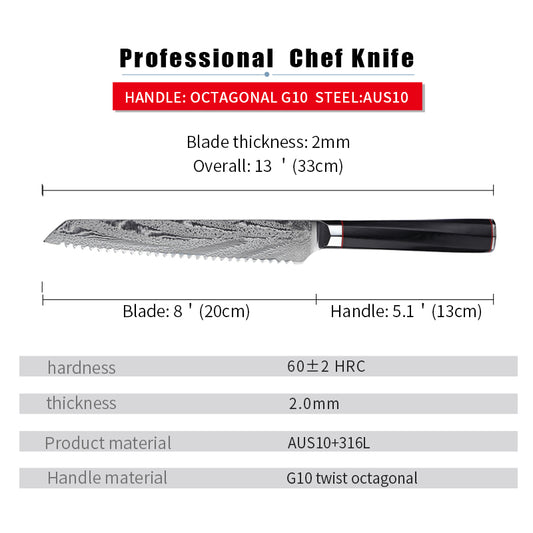 Cuchillo de Pan Damasco Japonés - Acero de Alta Precisión - Image 2