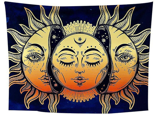 Printed sun and moon tapestry with three celestial faces in gold and orange against a dark blue background. - Image 2