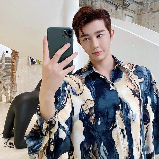 Camisa de Lujo Ligero para Hombre con Mangas Abullonadas y Estampado de Pintura China - Image 2