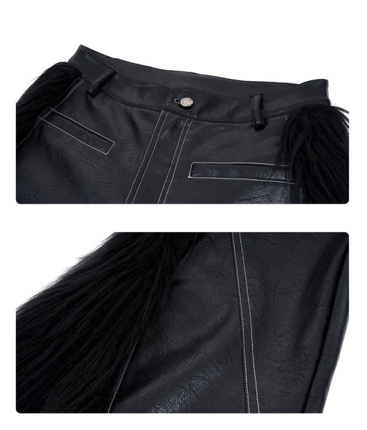 Pantalones de Cuero Flare con Patchwork de Pelaje Sintético para Hombre - Image 3
