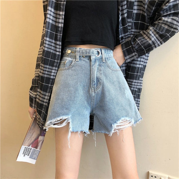 Shorts de Mezclilla Retro Cintura Alta con Rotos y Pierna Ancha