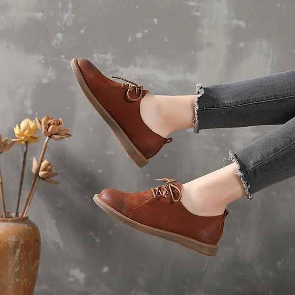 Zapatos de Cuero Estilo Retro con Cordones y Punta Redonda