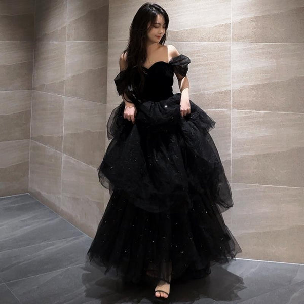 Vestido de Noche Negro Lujo Minoritario Estilo Francés con Falda Tutú - Image 3