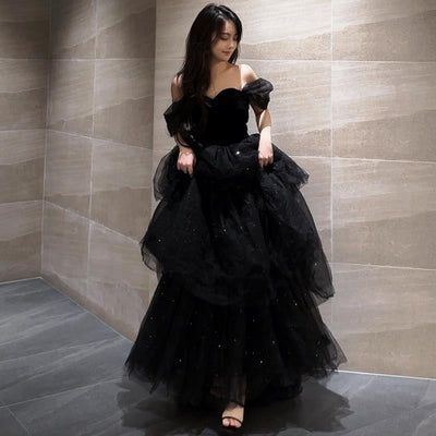 Vestido de Noche Negro Lujo Minoritario Estilo Francés con Falda Tutú - Image 3