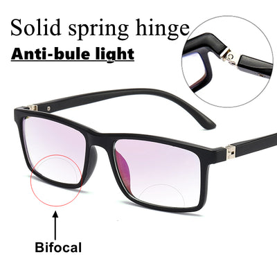 Black rectangular anti-blue light reading glasses with a subtle purple tint on the lenses, shown on a white background.