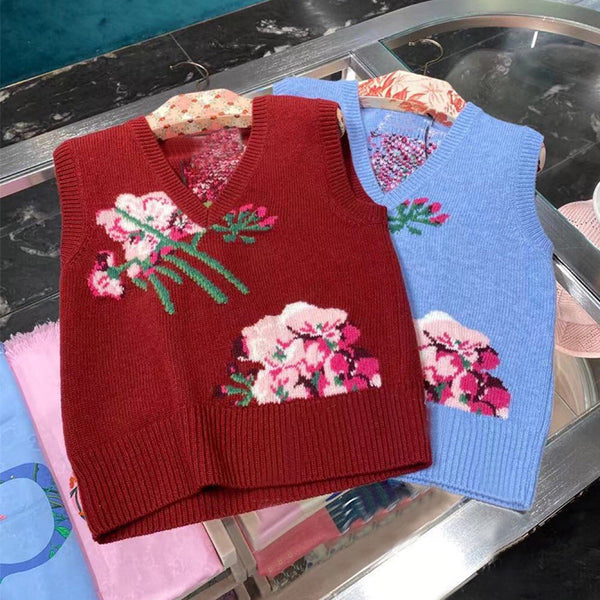 Chaleco Tejido Retro con Intarsia Floral y Cuello en V