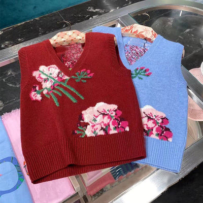 Chaleco Tejido Retro con Intarsia Floral y Cuello en V - Image 2