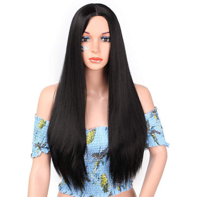Peluca Larga Negra Liso Completo con Flequillo Divisor - Estilo Fashion