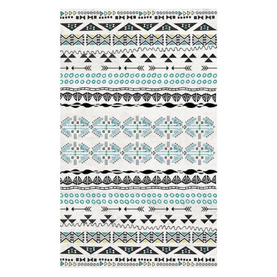 Rectangular area rug with white background and horizontal stripes of black, teal, and yellow tribal patterns. - Image 26