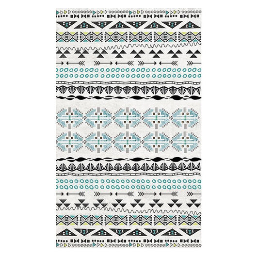 Rectangular area rug with white background and horizontal stripes of black, teal, and yellow tribal patterns. - Image 26