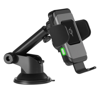 Grey and black 10W fast wireless car charger with automatic clamping arms and a vent mount, featuring a green indicator light. - Image 6