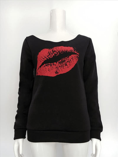 Suéter Otoñal Rojo con Hombros Caídos y Estampado de Labios - Image 3