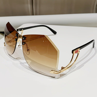 Rimless sunglasses with gradient pink lenses and gold-tone hollow temples, featuring a unique quadrilateral shape. - Image 4