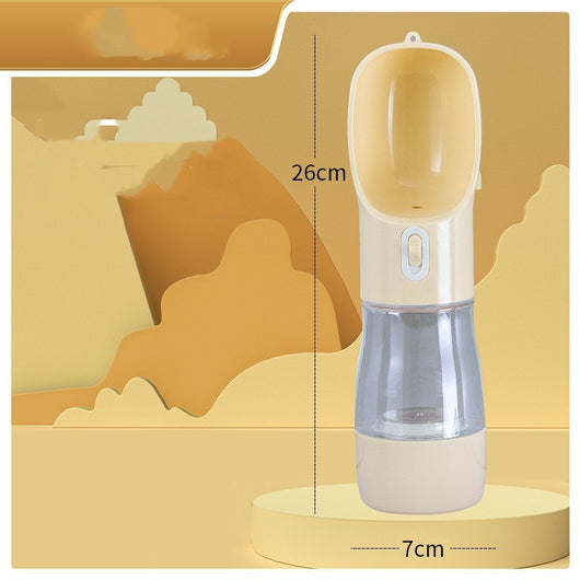 Pink portable pet water bottle with integrated feeder bowl, clear reservoir, and dispensing button for dogs. - Image 17