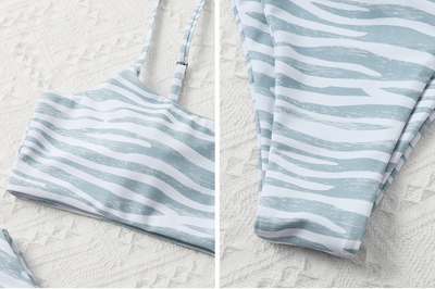 Tan and white zebra stripe two-piece bikini with a bandeau top and high-cut bottom, laid flat. - Image 26