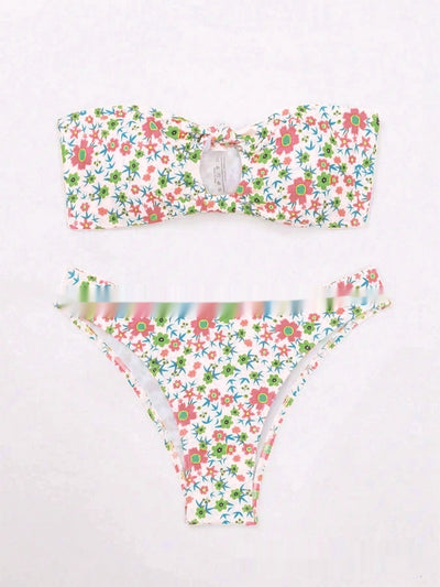 White floral print bandeau bikini with pink and blue flowers, featuring a front knot top and high-cut bottom. - Image 6