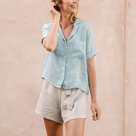 Blusa Francesa de Lino y Algodón con Manga Corta para Mujer