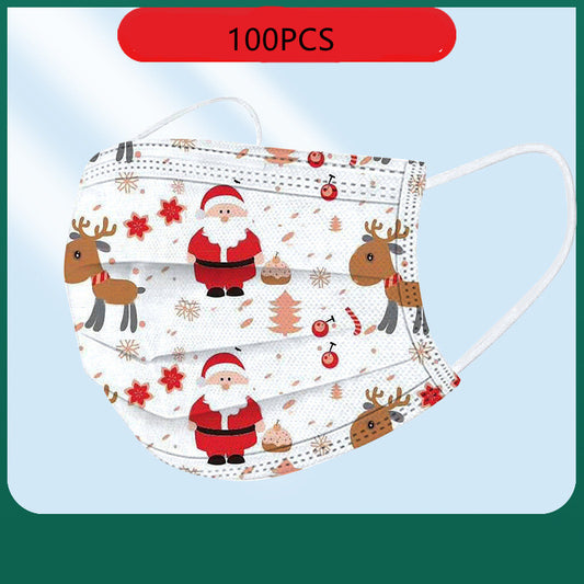 Disposable adult Christmas mask with Santa Claus, a red bird, and "JOY" in candy canes on a black background. - Image 2