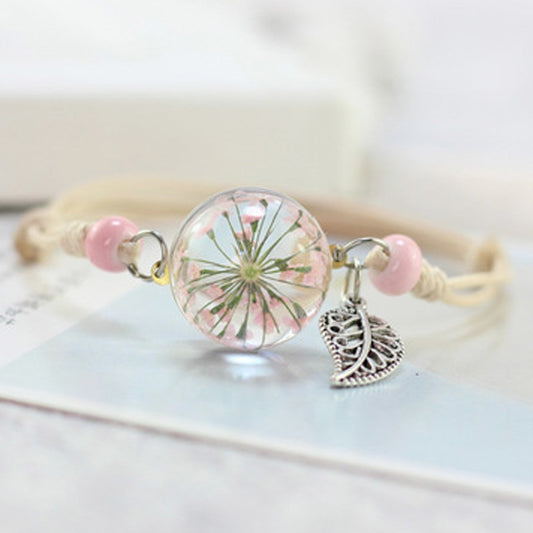 Pulsera Esfera de Cristal con Flores Secas - Diente de León y Estrellas