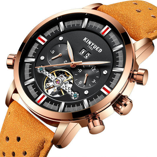 Reloj Automático Tourbillon KINYUED para Hombre con Correa de Cuero y Esfera Grande