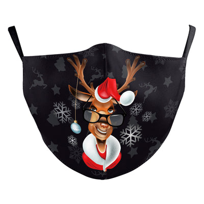 Black dustproof face mask with a digital print of Santa Claus and two reindeer in a snowy forest scene. - Image 15
