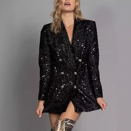Blusa Larga Negra Mujer Cuello V Doble Botonadura con Lentejuelas Ajustada - Image 4