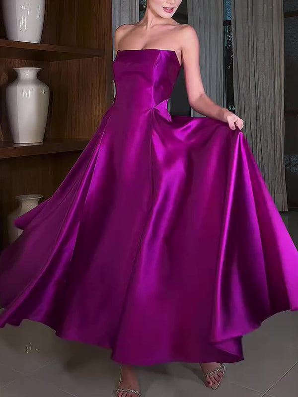 Vestido Satinado con Falda Amplia y Escote Tubo