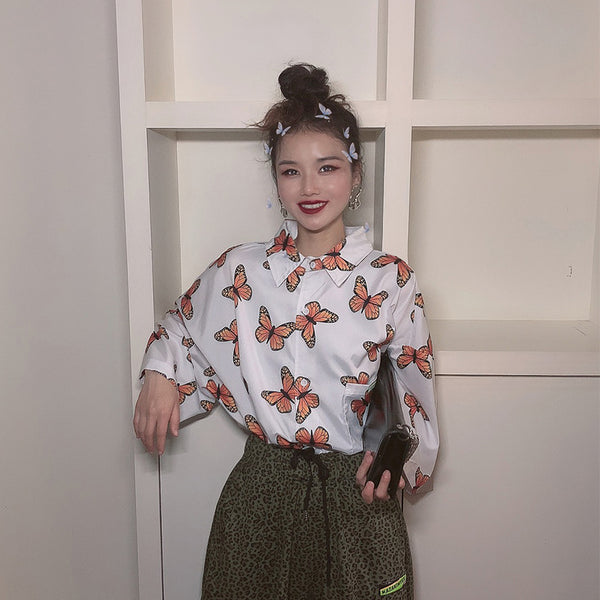 Blusa Manga Corta con Estampado de Mariposas