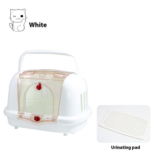 Brown pet carrier with a clear front door, top handle, ventilation slots, and a white urinating pad. - Image 6