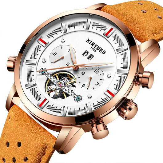 Reloj Automático Tourbillon KINYUED para Hombre con Correa de Cuero y Esfera Grande - Image 3