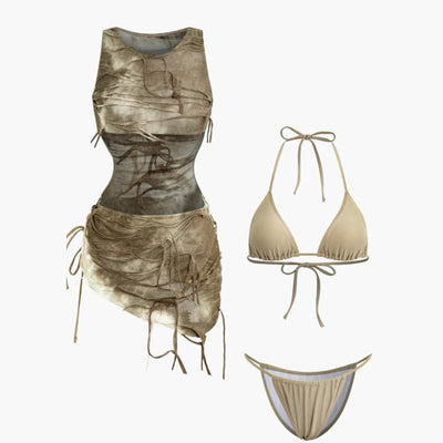 Three-piece swimsuit set featuring a tie-dye ruched mini cover-up dress and a beige triangle bikini with tie closures. - Image 6