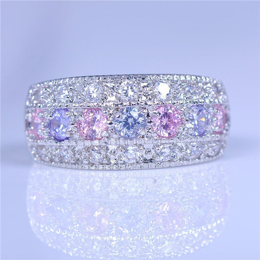 Anillo de Circonia Rosa con Incrustaciones de Diamante y Amatista - Diseño Europa y América