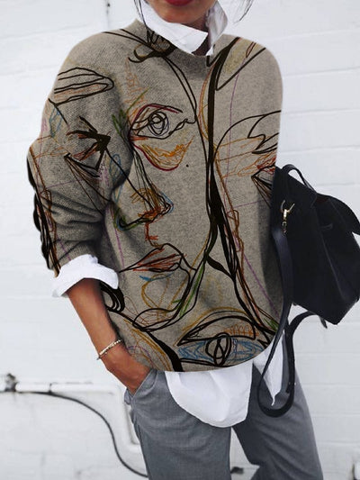 Blusa Suelta Estampado Retrato Manga Larga para Mujer