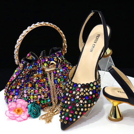 Bolso de Piedra Colorida con Zapatos de Tacón Medio y Punta Afilada para Mujer
