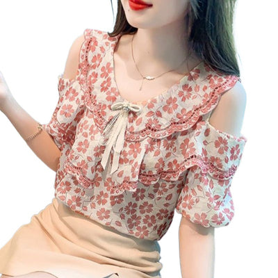 Blusa Chiffon Floral Hombro Descubierto - Camisa Romántica de Manga Corta - Image 5