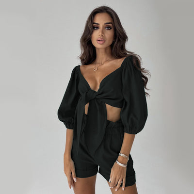 Conjunto Casual Mujer: Cardigan Lanterna Manga Ancha + Short Wide Leg con Bolsillos - Image 35