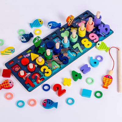 Tablero de Pesca Submarino en Madera - Puzzle Educativo de Números y Formas para Niños