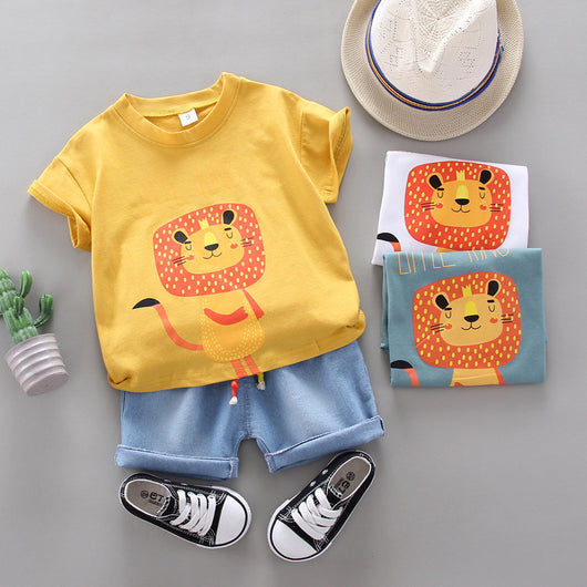 Conjunto de Camiseta Manga Corta Cuello Redondo Estampado León Cartoon para Niño - Image 9