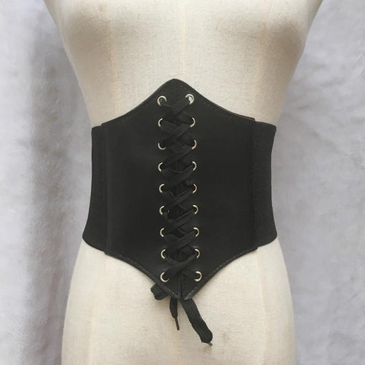 Red wide waist belt with a lace-up front design and elasticated sides, perfect for cinching the waist. - Image 5
