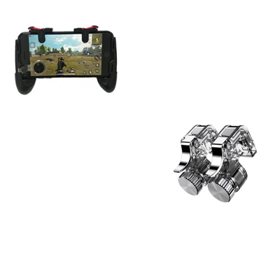 Black mobile gaming controller with a smartphone inserted, alongside a pair of transparent fast-shooting trigger buttons. - Image 8