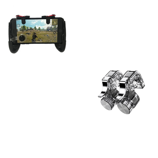 Black mobile gaming controller with a smartphone inserted, alongside a pair of transparent fast-shooting trigger buttons. - Image 8