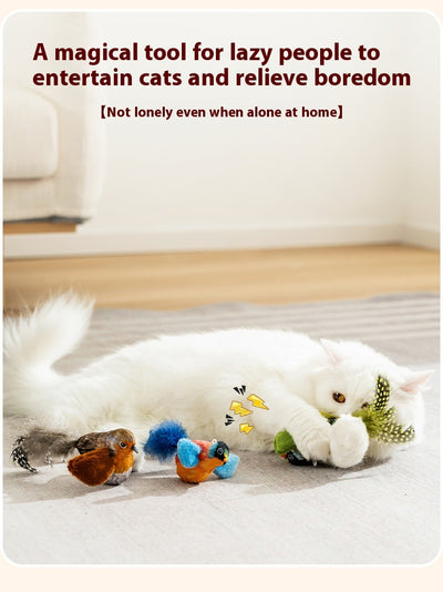 Plush bird cat toy with orange chest, grey body, feathered tail, and an elastic string for interactive play. - Image 16